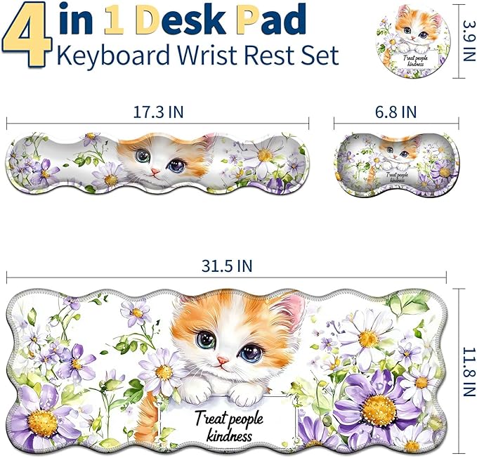 4-Piece XXL Gaming Mouse Pad Set (31.5"x11.8") with Keyboard Wrist Rest,Mouse Wrist Support & Coaster,Ergonomic Non-Slip Desk Mat for Office & Home,Cute Cat Flower
