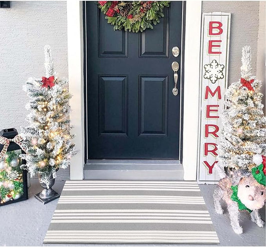 OJIA Christmas Front Door Mat Outdoor 24"x35" Front Door Rug Gray and White Striped Outdoor Rugs Washable Entry Rug Indoor Door Mats Cotton Woven Small Area Rugs for Entrance/Porch/Kitchen/Entryway