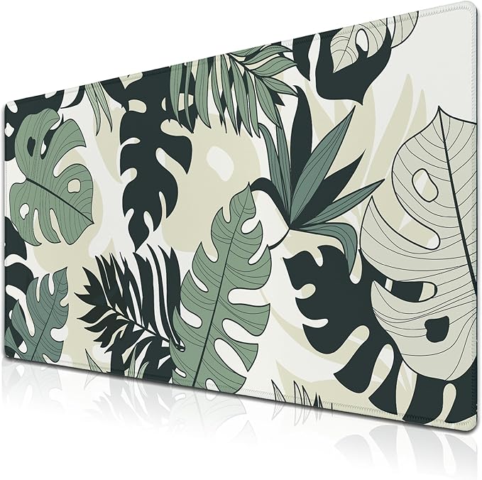 Large Mouse Pad Long Mousepad Desk Mouse Pads Keyboard Mats Gaming Mouse Mat Non-Slip Rubber Base Waterproof with Stitched Edges 35.4 X 15.7 for Game Office, Monstera Leaves