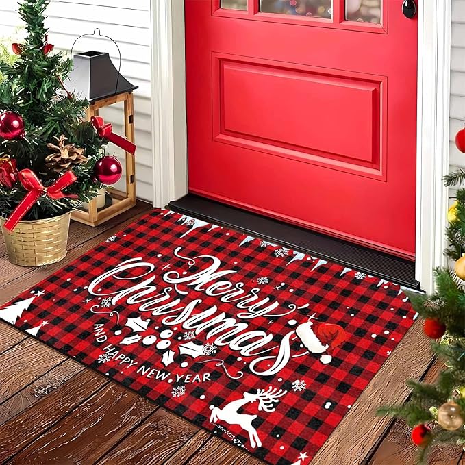 Merry Chirstmas Doormat Buffalo Plaid Door Mat for Front Door, Front Porch Rugs Easy Clean Welcome Mats Outdoor Rug Indoor Outdoor Winter Decor, 16" x 24" Inch