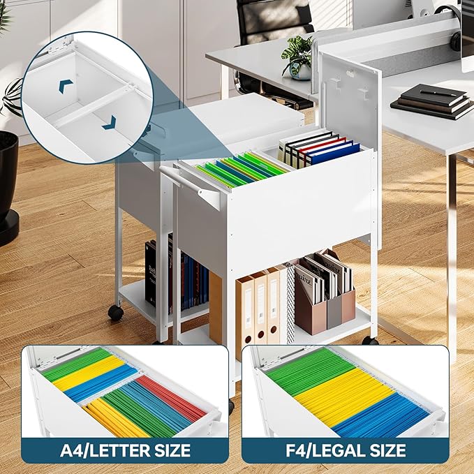 Mobile File Cart with Lock, Rolling File Cabinet Hanging Letter/Legal File Folders with Lockable Sliding Cover, White File Organizer on Wheels