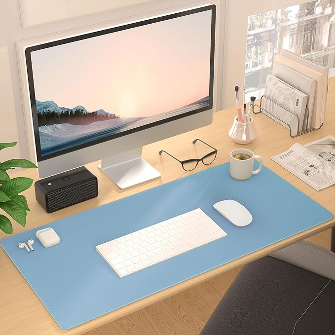 Leather Desk Pad Protector, Mouse Pad, Non-slip Computer Mat for Desk, PU Leather Office Desk Mat for Home & office, Waterproof Laptop Desk Blotter Pad for Keyboard and Mouse, Sky Blue (13.7''X23.6'')