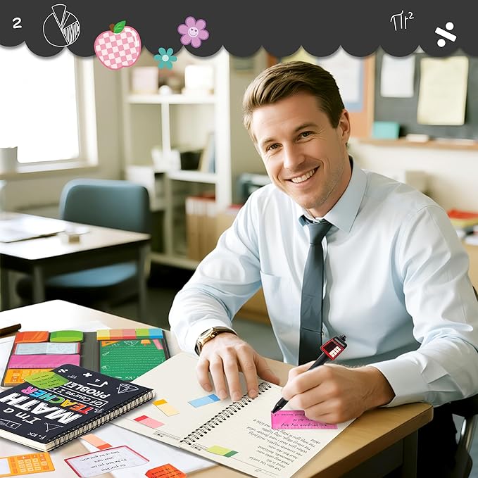 B1ykin Stationery Gift Set - 3Pcs Notebook Sticky Notes, A5 Spiral Notebooks & 550 Sheets Cute Sticky Notes with Pens Kit for Office School Teacher Thanksgiving Supplies (Math Teacher)