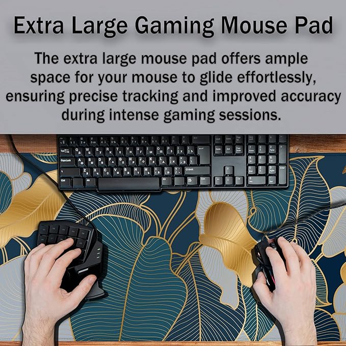 Mouse Pad for Women Gold Blue Desktop Pad Gaming Mouse Pads Large Mousepad Office Pad Waterproof Non-Slip Rubber Base 35.4" X 15.7" for Game Office, Precious Leaves of The Jungle