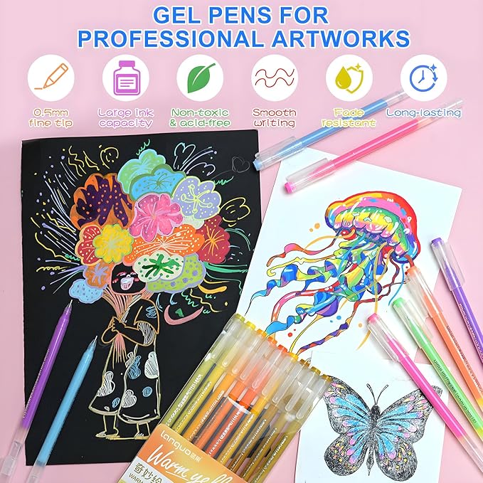 168 Colors Gel Pens, 0.6 mm Fine Tip Gel Pens for Adult Coloring Book—Portable Case gel pens Colored for Coloring,Journaling, Drawing,Painting & DIY Crafts. Non-Toxic,Smooth,Water-Based