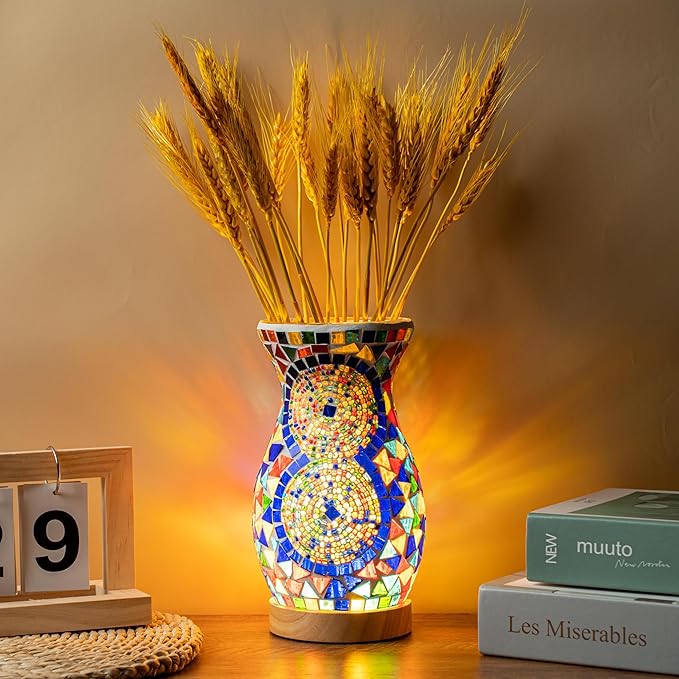 Mosaic Vase Lamp, Turkish Moroccan Table Lamp, Colorful Handmade Glass Vase, Water-Fillable, Vase, Decorative Lamp, Three-Color Light, Suitable for Bedroom Ambient Living Room Farmhouse