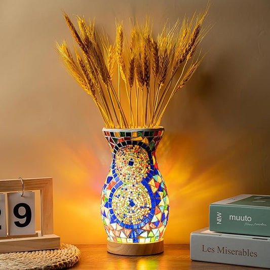 Mosaic Vase Lamp, Turkish Moroccan Table Lamp, Colorful Handmade Glass Vase, Water-Fillable, Vase, Decorative Lamp, Three-Color Light, Suitable for Bedroom Ambient Living Room Farmhouse