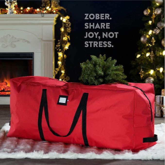 Zober Christmas Tree Storage Bag - Fits 7.5 Ft Artificial Trees - Tear Proof 600D Oxford Fabric Waterproof Christmas Tree Bag For Storage Box For Xmas - Strong, Durable Handles - Card Slot - Red