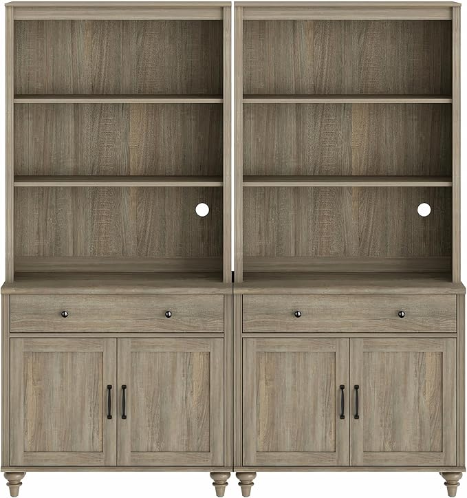 WAMPAT 5 Tier Farmhouse Bookcase 72" Tall Bookshelf with Barn Doors, Large Display Book Shelf with 2 Drawers and Storage Cabinet, Library Wood Bookshelves for Living Room,Kitchen, Wash Grey (2PCS)