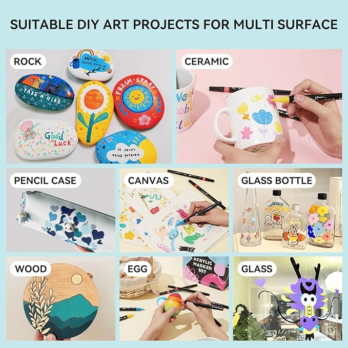 Arrtx Paint Markers Paint Pens, 64 Colors Acrylic Paint Pens Dual-Tip for Rock Painting, Ceramic, Wood, Plastic, Scrapbooking, Brush Lettering, Card Making, DIY Crafts (Fine Tip and Brush Tip)