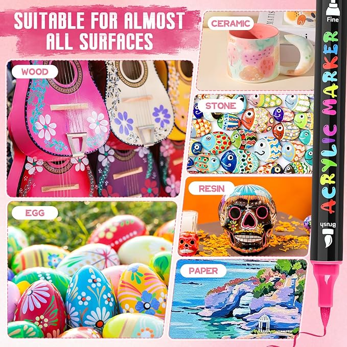 IVSUN Acrylic Paint Pens, 100 Colors Dual Tip Paint Markers with Fine Tip and Brush Tip Pens for Stone, Wood, Canvas, Calligraphy, Ceramic, Metal, Glass, Rock Painting, DIY Crafts Art Supplies Kit