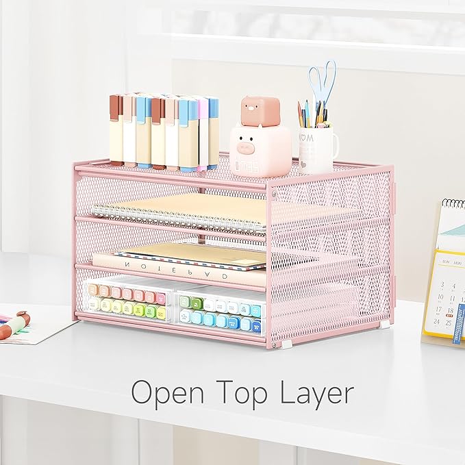 Lavatino 3-Tier Letter Tray Desk Paper Organizer – Pink Mesh Metal File Tray Organizer for Desk, Office Supplies & Home Organization | Fits A4/Letter Paper, Mail, Magazines and Office Accessories