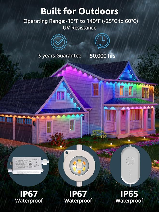 Lepro E1 AI Permanent Outdoor Lights APP Control, 150ft 90 LED Smart RGB+IC+Warm/Cool White House Eave Lights for Halloween Christmas, Alexa Google Enabled 2.4 GHz WiFi/Bluetooth, NO Remote Controller