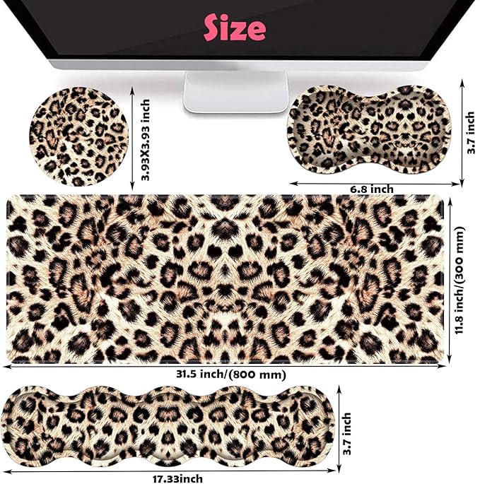 Large XXL Gaming Desk Mat 31.5"x 11.8", Ergonomic Keyboard Wrist Rest & Mouse Pad Wrist Rest + Coaster Set, Non-Slip Base, Memory Foam, Office and Home, Leopard Print