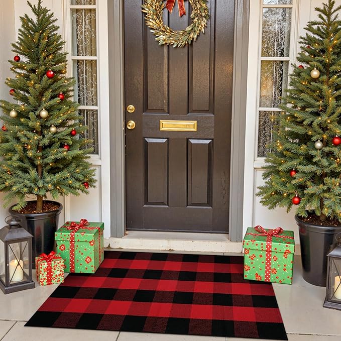 OJIA Christmas Plaid Rug 27.5"x43" Front Door Mats Outdoor, Woven Washable Front Porch Rug Outdoor Door Mat Holiday Welcome Mats Indoor Layered Doormats for Entryway, Home Entrance Decor