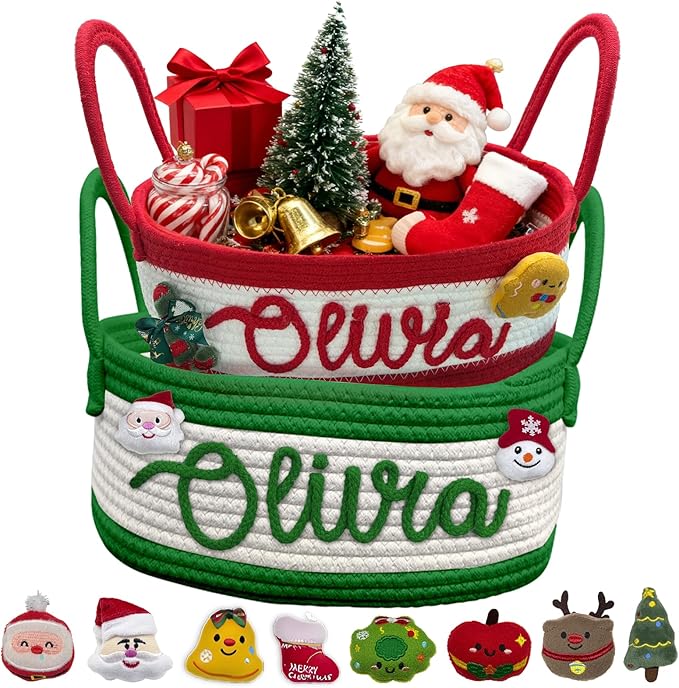 Personalized Christmas Basket with Name Custom Baby Shower Basket for Newborn, Cotton Rope Storage Organizer, Christmas Gift for Baby Kids Toddler