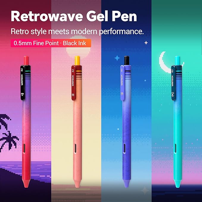 WRITECH Black Ink Gel Pens: 8-Pack Retrowave 0.5mm Fine Point Pens - Smooth Writing Silent Clicker and Refillable Perfect for School Office & Everyday Use.