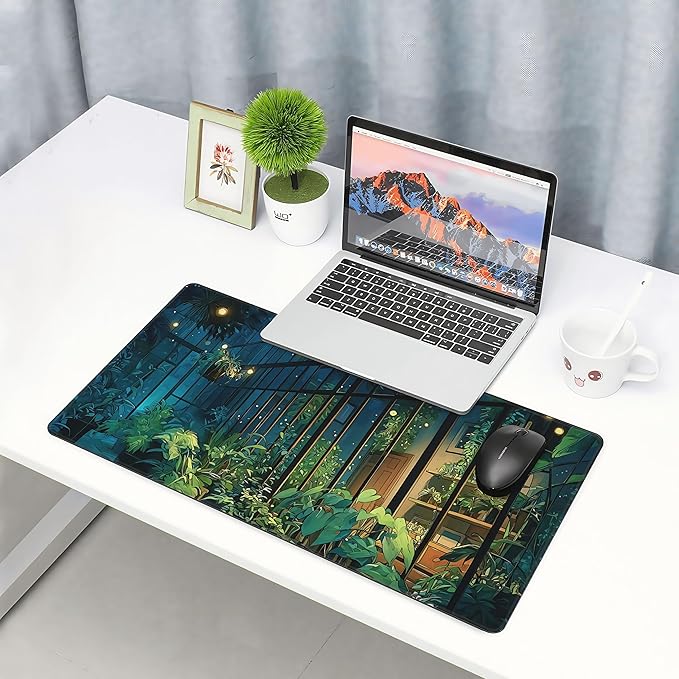Large Gaming Mouse Pad, Plant Design Desk Mat, 35.4 x 15.8 inches, Green City View Pattern Office Decor Cute Desk Accessories for Women
