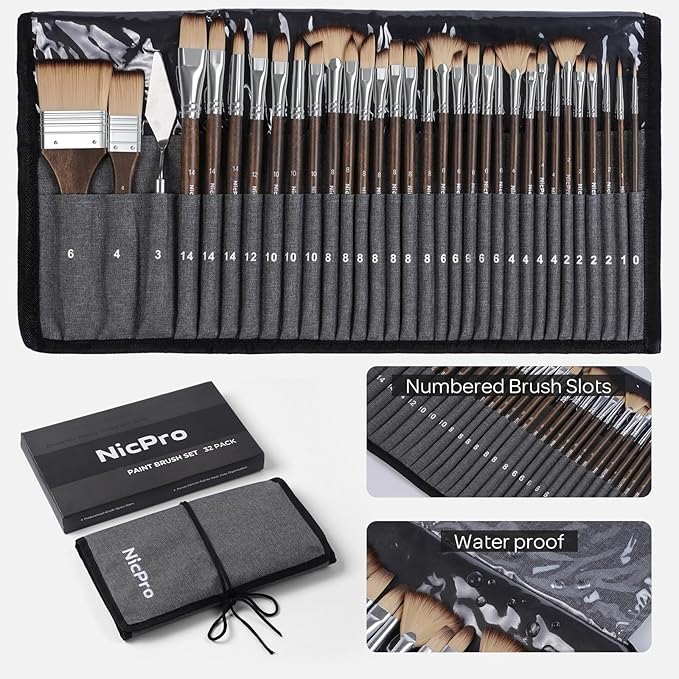 Nicpro 32pcs Paint Brush Set, Professional Paintbrushes with Paint Spatula and Cloth Roll Case, Craft Paint Brushes for Acrylic Painting, Oil, Watercolor, Gouache, Art Supplies for Artists Beginners