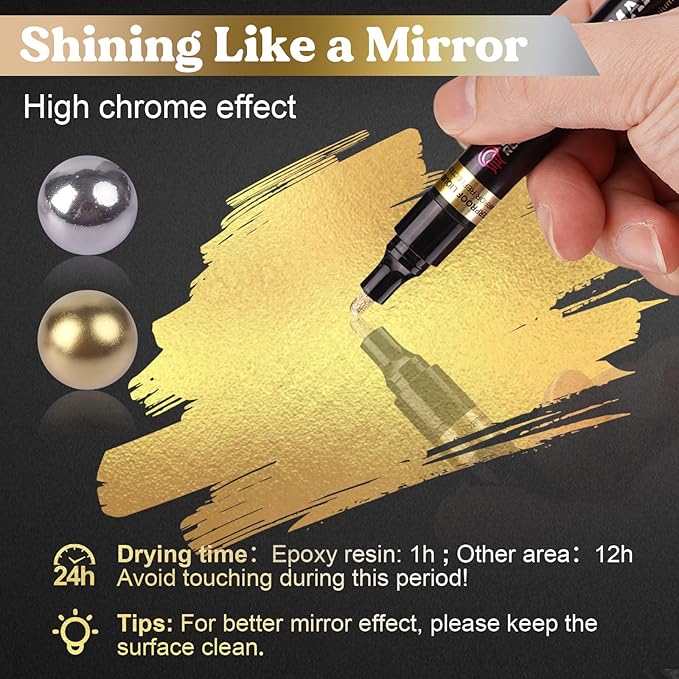 LET'S RESIN 6Pcs Mirror Chrome Markers,3 Sizes Shiny Chrome Paint Pen with Large Barrel, Quick Dry Oil-based Silver & Gold Markers for Metal, Resin, Model Painting, Marking or DIY Art（1-5mm