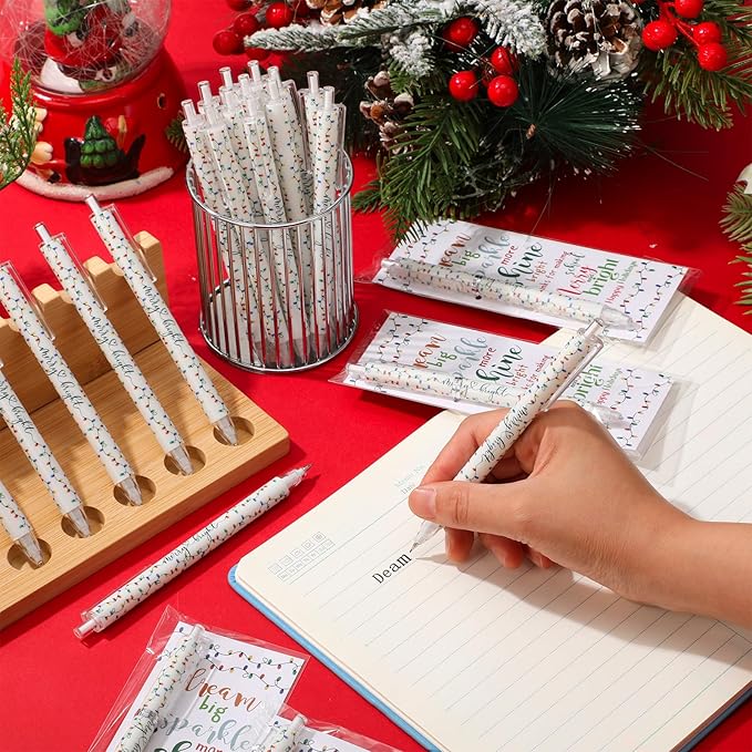 100 Sets Christmas Pens Bulk Christmas Employee Appreciation Gifts Bulk String Lights 0.7 mm Mechanical Pencils with Bookmarks Coworkers Xmas Gifts for Staff Teacher Office Team