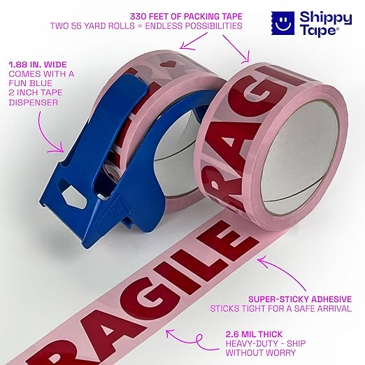 2 Rolls Fragile Packing Tape + Dispenser, Pink Burgundy Heart Cute Designer Packaging and Shipping Supplies for Small Business, 1.88" x 110 Yards (330 feet), Two 55 Yard Rolls