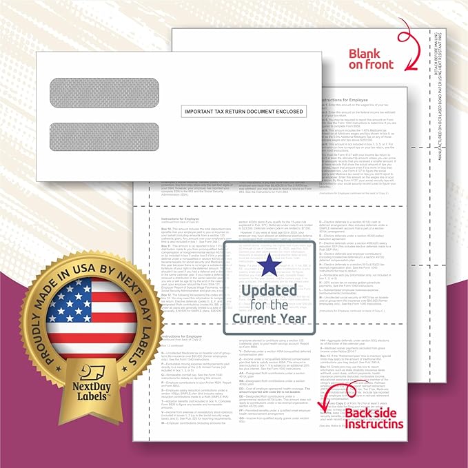 NextDayLabels - W-2 3-Up Employee Tax Forms, Instructions on Back" for 2025, for Laser/Inkjet Printer. Compatible with QuickBooks and Accounting Software ETC. Pack of 100 Sheets & Self Seal Envelopes