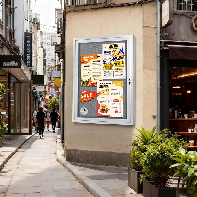 Outdoor Weatherproof Enclosed Fabric Bulletin Board,Noticeboard Case with Lockable Glass Door,Silver Aluminum Frame, 36x24 Inch (5xA4)