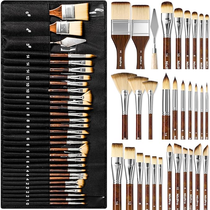 Nicpro 30pcs Paint Brush Set, Professional Paintbrushes with Paint Spatula and Cloth Roll, Craft Paint Brushes for Acrylic Painting, Oil, Watercolor, Gouache, Art Supplies for Artists and Beginners