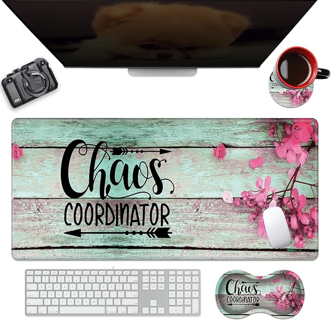 Large Gaming Mouse Pad + Wrist Rest + Coffee Coaster, Extended Waterproof Desk Mat with Stitched Edge 31.5"x11.8", Non-Slip Keyboard Desk Mat Pad for Office & Home, Quote Chaos Coordinator