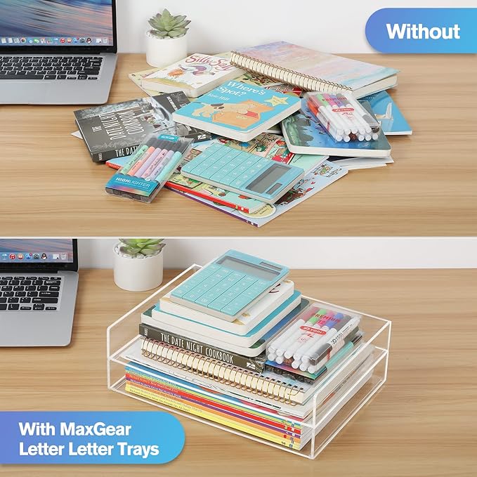 MaxGear 2-Tier Acrylic Letter Tray, Stackable Desk Paper Organizer, Clear File & Document Tray with Pull-Out, Acrylic Desk Organizer for Papers, Folders & Office Accessories