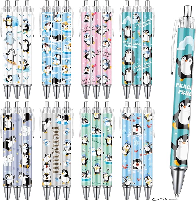 Penguin Ballpoint Pens Gifts - 24 Pcs Cartoon Penguin Pen Set Animal Retractable Smooth Writing Ballpoint Pen Christmas Winter Gift for Women Men Teacher Coworker Home Office School Supplies