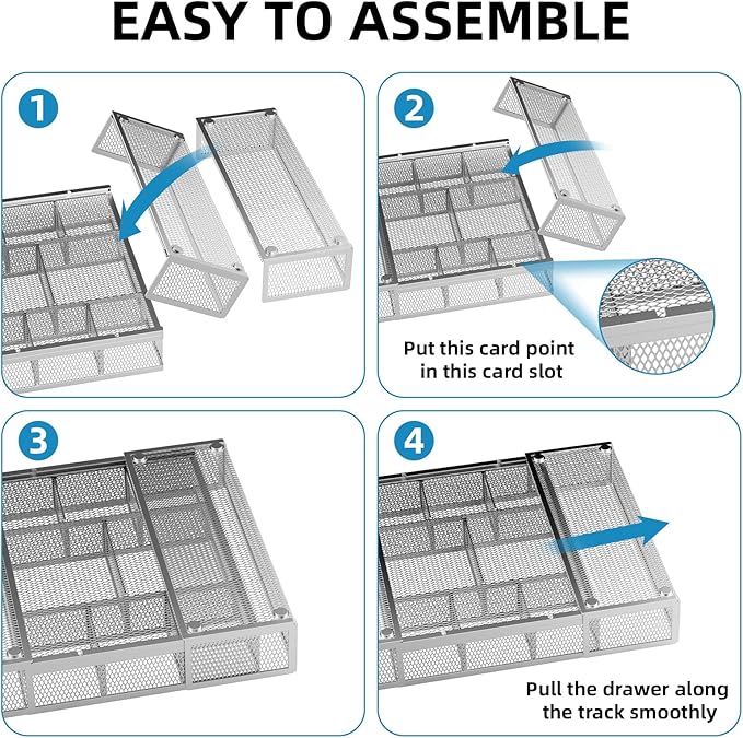 Marbrasse Expandable Desk Drawer Organizer, Mesh Tray with 10 Adjustable Compartments, Desk Organizers for Office Supplies, Makeup & Vanity (Expandable-Silver)