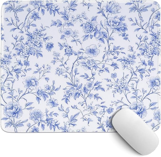 Light Blue Chinoiserie Mouse Pad,Blue and White Floral Desk Mat,Girly Preppy Floral Mouse Pad for Dorm Home Office Desktop Decor,10.2x8.2 Inch