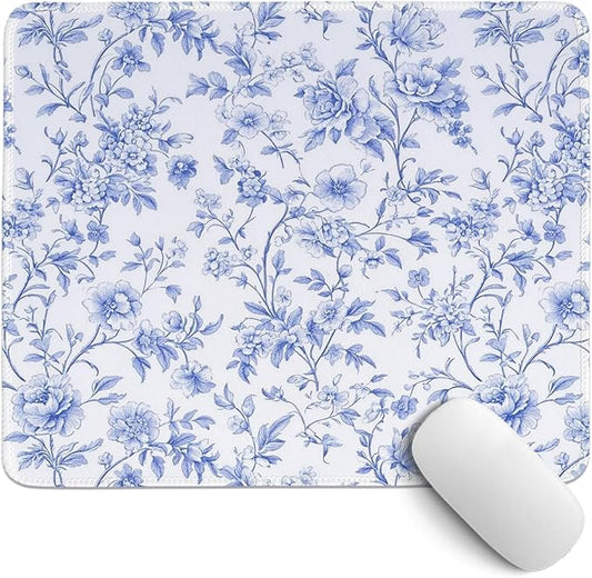 Light Blue Chinoiserie Mouse Pad,Blue and White Floral Desk Mat,Girly Preppy Floral Mouse Pad for Dorm Home Office Desktop Decor,10.2x8.2 Inch