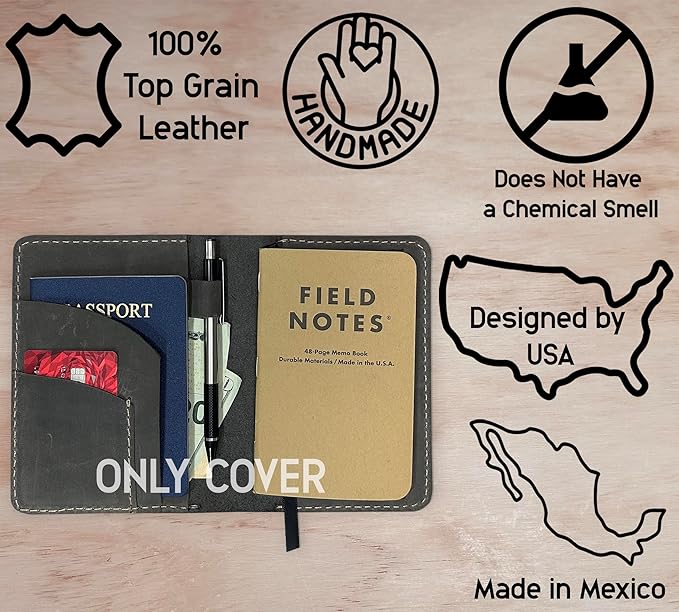 Leather Cover for Field Notes, Passport Cover, Leather Notebook Cover for 3.5" x 5.5" with Pen Holder, Only Cover (Gray)