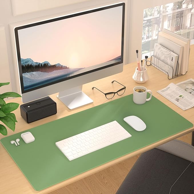 Leather Desk Pad Protector, Mouse Pad, Non-Slip Computer Mat for Desk, PU Leather Office Desk Mat for Home & Office, Waterproof Laptop Desk Blotter for Keyboard and Mouse, Olive Green (15.7''X31.5'')