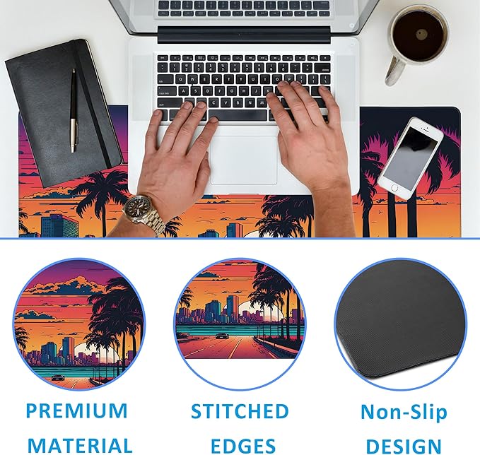 Mouse Pad,Orange Purple Miami Landscape Desk Mat for Desktop,Desk Pad with Non-Slip Base and Stitched Edge,Extended Mousepad for Office and Home 35.4X15.7 Inch