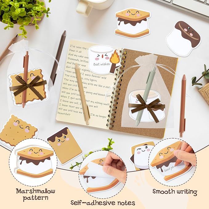 CJiangpo Marshmallow Sticky Note Set - 24 Pack Marshmallow Sticky Note Pads with Ballpoint Pens Ribbons, Funny Memo Pad Stationery Set Classroom Rewards Bonfire Party Gift for Kids Appreciation Gifts