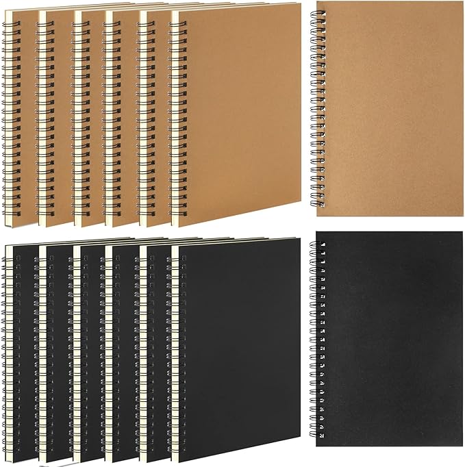 Leelosp 12 Pack Small Spiral Notebook A5 Lined College Ruled Spiral Journal Notebook 5.5 x 8.3 Inch Kraft Cover, 120 Pages for Work Students Office Business(Brown, Black)