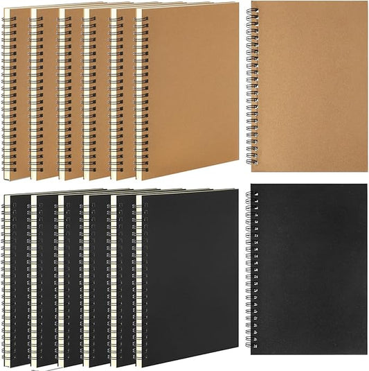 Leelosp 12 Pack Small Spiral Notebook A5 Lined College Ruled Spiral Journal Notebook 5.5 x 8.3 Inch Kraft Cover, 120 Pages for Work Students Office Business(Brown, Black)