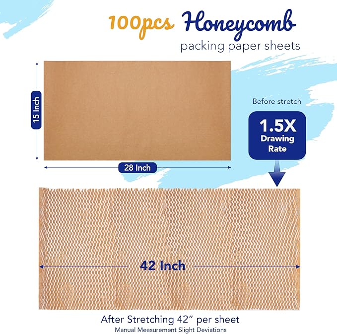 METRONIC 15" x 28" Honeycomb Packing Paper Sheets for moving 100 Pcs, Wrapping Paper for Bubble Cushioning Wrap and Shipping Packaging, Biodegradable & Fully Recylable, Brown