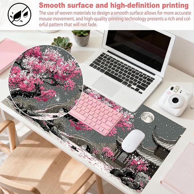Nuxovilar Professional Large Mouse Pad & Computer Game Mouse Mat (35.4x15.7IN, Japanese Cherry Blossom & Moon Art) (90 * 40cm Japanese Cherry Blossom)