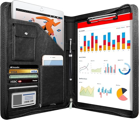 Zippered Padfolio Organizer, WRIYES Leather Planner Binder, 10.2 Inch Portfolio Folder for Documents, Letter Size Business Card Holder for Men&Women (Black)