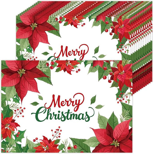 50 Pack Christmas Velvet Poinsettia Paper Placemats,16x 11 Inch Red Poinsettia Flower Disposable Placemats Poinsettia Golden Tablemats for Kitchen Dining Winter Holiday Christmas Party Supplies