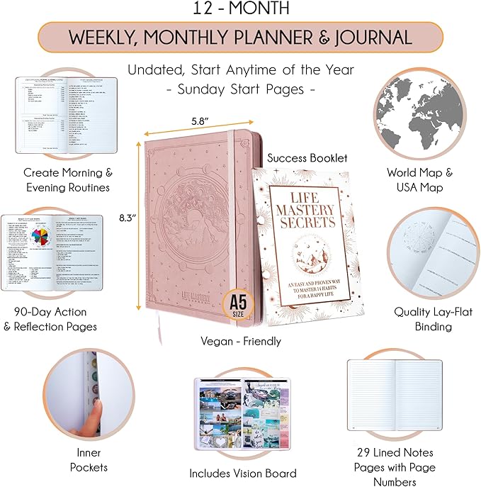 Life Mastery Planner - A 12 Month Journey to Crush Your Goals, Increase Productivity, Passion, Success & Happiness - Weekly & Monthly Life Planner, Habit-Tracker, Gratitude Journal & Organizer, A5
