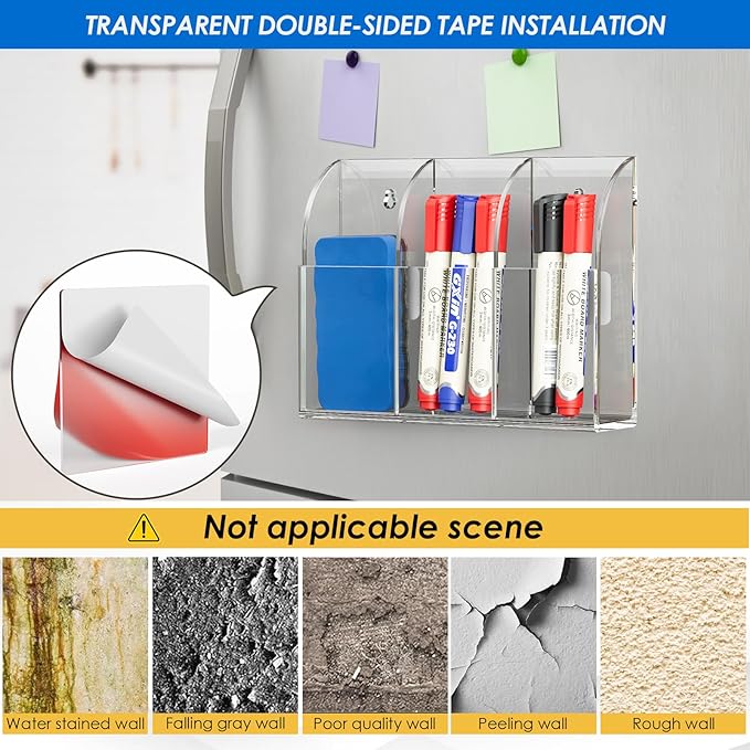 MaxGear 4 Pack Wall Mounted Marker Holder, 3 Compartments Acrylic Organizer for Remotes, Pens, Markers, Clear Desk Pen Holder for Whiteboard Accessories-7.8'' x 1.6'' x 5.5''