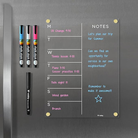 Magnetic Acrylic Weekly Calendar for Fridge, Weekly Meal Planner with Notes, Includes 4 Magnetic Wet-Erase Markers for Refrigerator, 9" X 12" | Gold Hardware