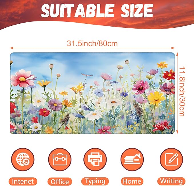 Large Gaming Mouse Pad, Colorful Wildflowers in Field Desk Mat, Watercolor Flowers Desk Pad, 31.5"x15.7" Extended Big Computer Keyboard Mouse Pad with Non-Slip Base and Stitched Edge