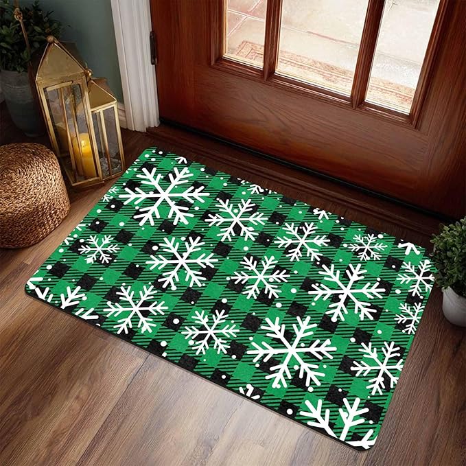Merry Christmas Door Mat Xmas Snowflakes Doormat Non Slip Rubber Entry Front Porch Rugs Green Plaid Welcome Mats for Christmas Indoor Outdoors, 18" x 30"Inch